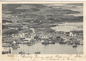 Namsos Oversiktskort havna/byen (J.J.Gjerp) Udelt bakside st.  Namdalens posteksp. B 20-XII-04.