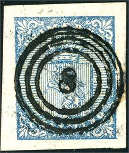 1. 4 skilling våpen 1855, anert med nummerstempel "8" (Aasnæs, HE, 7 pkt). Gode- til meget gode marger. Nær luksus.