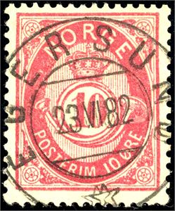 37 I. 10 øre Posthorn 1882, pent fullstemplet "Egersund 23.6.82".