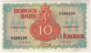 10 kroner 1944 Y.088198 London utg. Kv.0/01
