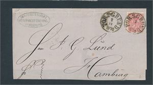 Nk 15b på ufullstendig brevomslag fullstemplet "PORSGRUND 2-11-1870" til Hamburg. Transitt "WAMDRUP FLENSBURG 6-11" + ankomst