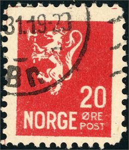 20 øre Løve. Den kjente forfalskningen, stemplet. Kort tagg.