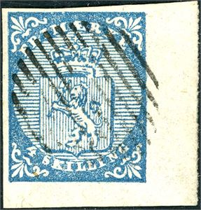 1. 4 skilling våpen 1855, variant "Dobbelfot" (D 40), anert med et lett riststempel . Del av arkrand i høyre side, og meget bred nede. De to øvrige smale.