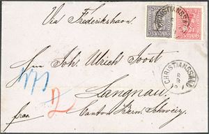 13,15. 11 skillings porto til Sveits. 3 skill 3 og 8 skill 8 på brevomslag til Langnau, stemplet "Christianssand 8.8.1871". "Arendal-Fr.havn", "Bern" og ankomststempel på baksiden.