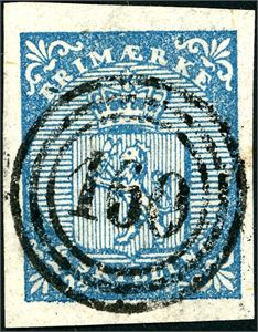 1. 4 skilling våpen 1855, anert med nummerstemple "160" (Kragerø, TE). Tre gode marger, normal i høyre side.