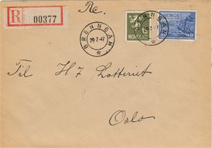 BRENNGAM (Finnmark), stemplet IIA 29 7 47 (8 pkt) på rek.brev med NK 245 og 364, sendt til H7-lotteriets kontor. Nøytral rek.etikett.
