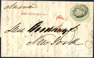 55. 1/- embossed on cover to New York, cancelled "466" and handwritten "America" and a red "7" in red beside. "Liverpool Ju 2 1843" postmark at reverse. Some of the letter are cut away, but this dos not affect the impression.