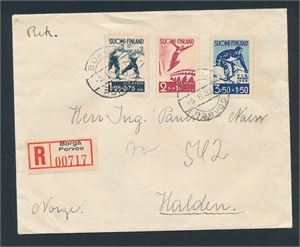 FINLAND Rekbrev med Mi 208-10, VM på ski 1938, sendt til Halden