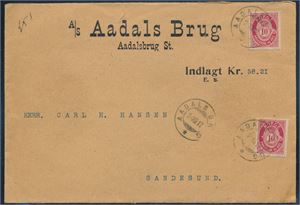 NK 100x2 på banco brev st "Aadals Brug 24 XII 12" til Sandesund. Flere forskjellige stempler fra bl.a Nordbanerne og Sydbanen bak.