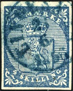 1. 4 skilling våpen 1855, annullert med dampskipsstempel "Lindesnæs 26.6.1856" i blått. Smale marger. Attest FCM.