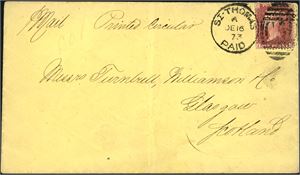 DWI. 1d red on envelope for "Printed Circular", cancelled with duplex "St-Thomas Paid A De 16 73, C 51" and sent to Glasgow, Scotland. Ex. K. Klugman.