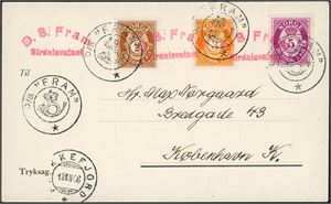 238-240. Tre posthornmerker på kort, anert med KPH "D/S Fram" og ved siden stemplet "Flekkefjord 12.12.46".