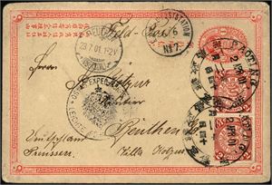 China. A 1c stationary-card uprated with two 2c coiling dragon, cancelled "Paoting Dollar Chop 2 Apr 1901" and sent to Preussen. Also two german arrival postmarks at the front.