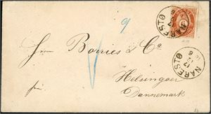 20. 6 skilling posthorn på konvolutt til Helsingøer, Danmark, stemplet "Narestø 17.12.1876". Baksiden stemplet "Arendal 18.12.1876" og "Helsingør 26.12".