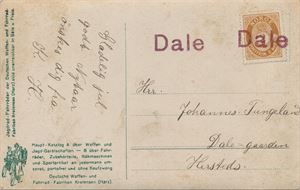 Provisorisk stempel «Dale», 2 fine avtrykk på bygdekort med NK 97. Antas å være sendt lokalt i Dale i Bruvik (HO). Svært uvanlig! Tysk romantisk postkort med reklame for sykler bl.a.