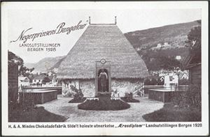 Negerprinsens Bungalow, landsutstillingen Bergen 1928. med tekst "H. & A. Mindes Chokoladefabrik tildelt høieste utmerkelse "Æresdiplom". K-2