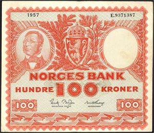 100 kroner 1957, serie E.9371387. 2