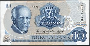 10 kroner 1979, serie HX 0197847. 0