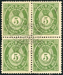 52 IV. 5 øre 20 mm i 4-blokk, lettstemplet.