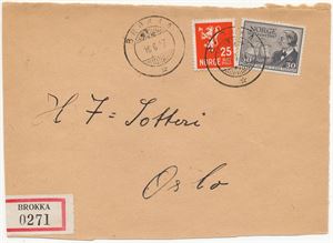 Hjelpestempel BROKKA HJ-SA 16 6 47 (Vest-Agder) på stort klipp fra rek.brev. Brukstid ca. 6 mnd, men kun 3800 ordinære brev ble sendt fra poståpneriet i hele 1947.