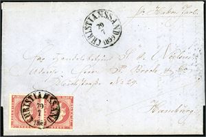 5. 16 skillings porto til Tyskland. 8 skilling Oscar i horisontalt par på brevomslag til Hamburg, stemplet "Christianssand 29.7.1859". Ved siden påskrevet "pr Haakon Jarl". "KDOPA Hamburg" stemplet på baksiden.