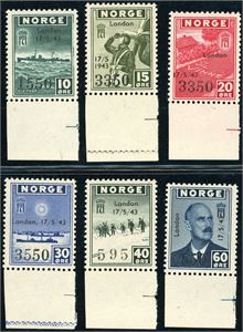 333/38. Londonmerkene med overtrykk i komplett serie, og alle med arkrand nede.