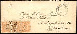 12. Tre 2 skill 2 på konvolutt til Kjøbenhavn, stemplet "Christiania 29.3.1872". Ankomststempel og utsendelsesstempel fra Kjøbenhavn "31.3" og "1.4.1872" på baksiden. Overfrankert med 1 skilling.