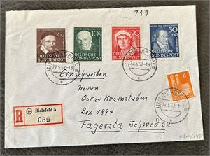 BRD Filatelistisk brev med Mi 143-6 til Sverige. Merkeverdi € 140