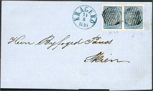 1. 8 skillings innenlandsporto. To 4 skilling våpen på 1855 dobbeltvektig brevomslag, hvert merke anert med riststempel, og ved siden stemplet "Kragerø 14.8.1855". Gode- til normale marger.