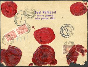 Russia. 76 kopek postage to England. Value-letter (280 roubles) franked on the reverse with two 3 kop and one 70 kop, cancelled "Moskva 26.2.17" and sent registered via Norway to Huddersfield. Norwegian transitt cds "Kongsvingerb. Postexp. 23.3.17" on reverse. A rare cover with some remarks, but still a nice letter. Also one other value-letter, sent unfranked, but with two norwegian transitt postmarks.