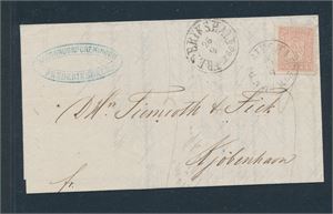 Nk 9 på strøkent brev stemplet "FREDERIKSHALD 26-9-1866" til København. Transitt "SANDØSUND 27-9-1866" bak