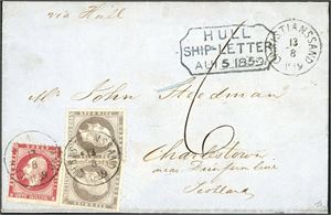 3,5. 14 skillings porto til Scotland. To 3 skilling- og en 8 skilling Oscar på brev til Charlestown, stemplet "Christianssand 13.8.1859". Ved siden påskrevet portotall "6" og og stemplet med 8-kantet "Hull Ship-Letter Au 15 1859". Baksiden med ankomststempel "Dunfermline".