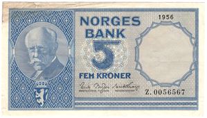 5 kroner 1956 Z.0056567 erstatningsseddel. Kv.1+