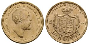 10 kronor 1874 Oscar II. Kv.0/01
