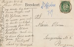 IV-719 - D/S HJELMA (skip / 5) på postkort til Bergen datert Rong 21-1-12. Postkort motiv Niels Henrik Abels bauta.