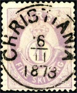 19 Id. 4 skilling Posthorn, rettvendt fullstemplet "Christiania 6.11.1873".