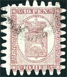 5 v5. Finland. 5 + 10 Penni variant fargefeiltrykk. Karminbrun i stedet for  brun. To korte tagger. "The colour error", with two short perfs on top.