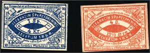 Alfarheim Spareforening. To betalingsmerker: 1 Sp/4 kr i blå farge og 4 skilling/13 1/3 øre i rød farge.