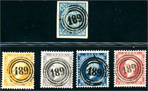 1-5. 4 skilling Våpen 1855 og serie Skilling Oscar, alle annullert med nummerstempel "189" (Mandal).