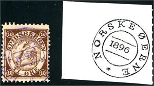 Spitsbergen nr 1. 10 øre Spitsbergenstamp, with a light, but very rare "Norske Øern 1996". Three short perfs.