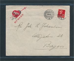 Brev logo 1932-russen stemplet "LANDSLEIREN VED MANDAL 1932 12 VII 32" (Grad 8)