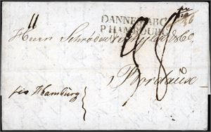 Komplett dobbeltvektig brev datert "Christiania May 23. 1811" og sendt til Bordeaux. Betalt til Hamburg, der det ble satt i porto med 38 Decimes. På baksiden et flott segl fra sensuren i Christiania under Napoleonskrigen, samt påskrevet "Xania".