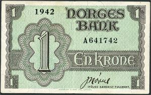1 krone London, serie A 641742. Bl.a. en kraftig midtbrett, som sees lite på advers. 1-