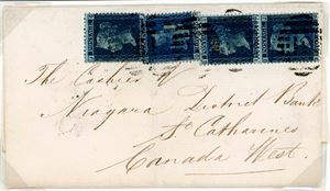 45. GB. Two letters, both sent from "St. Catharines UC" to Canada in 1863. One franked with four 2d blue, and one franked with three 2d. Nice quality.