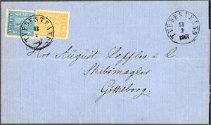 6,8. 6 skillings porto til Sverige. 2 skill og 4 skill på brevomslag til Gøteborg, stemplet "Tvedestrand 13.2.1867".