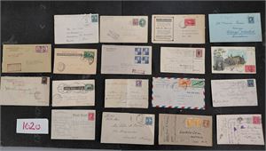 USA brev og helsaker 1887-1945 inkl sendt til Norge og Kina. Flere pene stempler som "BALTIMORE", "HOLT", "PLAINFIELD", "LAHASKA", "ST LOUIS", "POINT LOMA" og "CLIFTON SPRINGS". Blandet kvalitet, noen med vertikal brett og et kun brevforside