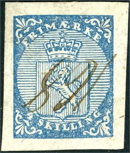 1. 4 skilling våpen 1855, anert med håndskrevet nummer "168" (Søndre Land, OP). Meget brede marger. En nær usynelig utgnidd brekk i øvre, venstre hjørne.