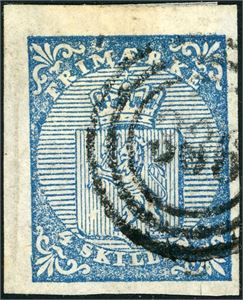 1. 4 skilling Våpen 1855, annullert med nummerstempel "336" (Vefsen, NO, 7 pkt). To gode, en normal- og en litt smal marg. En vertikal utgnidd brett gå i venstre mark, samt merket har et lite hakk ned mot høyre, men dette berører ikke merkebildet.