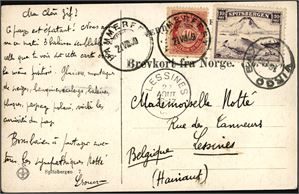77,Spitsbergen E 22. 10 øre posthorn på postkort, stemplet "Hammerfest 21.8.09" og ved siden påsatt en 10 øre Spitsbergen-etikett, stemplet "Virgo Bay 1909". Ankomststemplet i Belgia.
