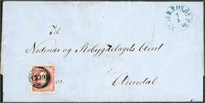 5. 8 skilling Oscar på dobbeltvektig brev, anert med nummerstempel "239" og ved siden stemplet "Øster Riisoer 7.2.1858" i blått.